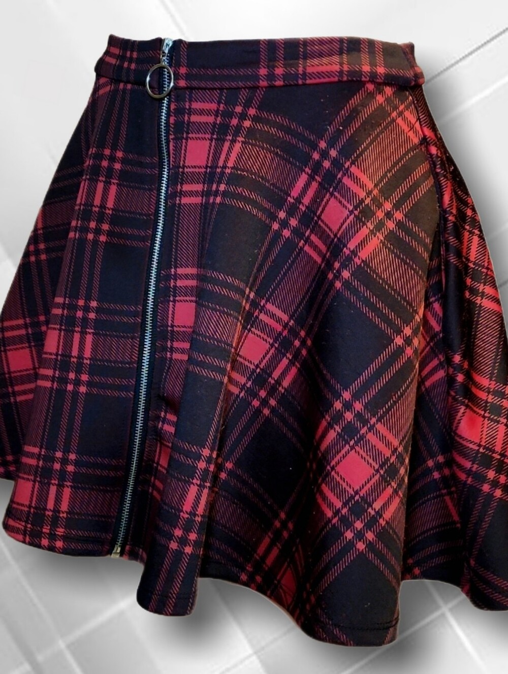 Hot Topic Red Black Plaid Skater Mini Skirt Pockets Zip Up Rave Y2k Goth Punk